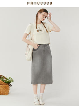 Famecoco范可儿纯棉牛仔裙半身裙女夏季后开叉休闲直筒裙FAB3HB002