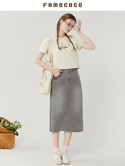 Famecoco范可儿纯棉牛仔裙半身裙女夏季后开叉休闲直筒裙FAB3HB002 商品图0