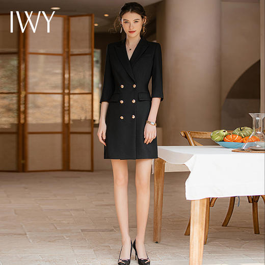 IWY/黑色连衣裙女西装领收腰显瘦高端大气2023夏季薄款职场经理工装Q902 商品图3