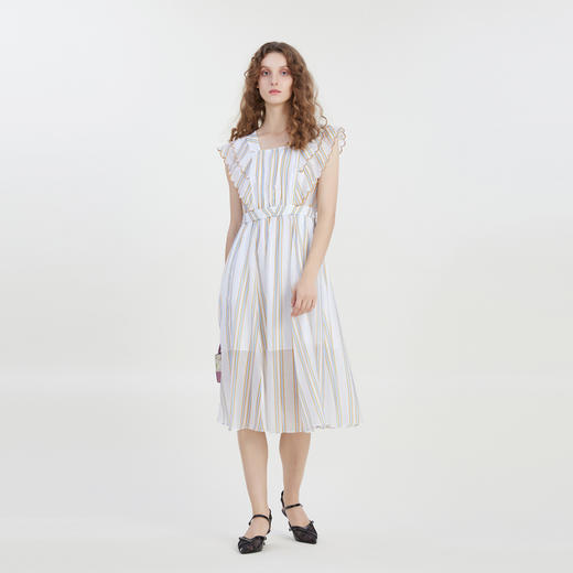 谜底2023夏新款时尚气质条纹连衣裙复古文艺波浪边长裙232ML0595 商品图0