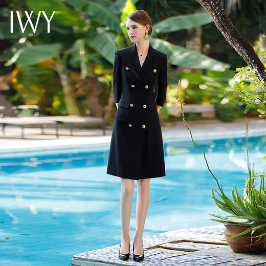 IWY/夏新款西装连衣裙女黑色收腰显瘦五分袖薄款透气职业女装Q470-B 商品图2