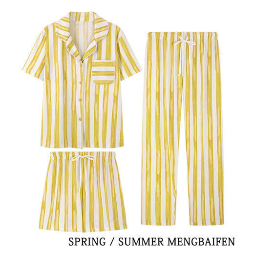 「三件套！三款配色」夏季黄色条纹睡衣 女短袖短裤翻领三件套 家居服装可外穿上衣裤子 商品图0