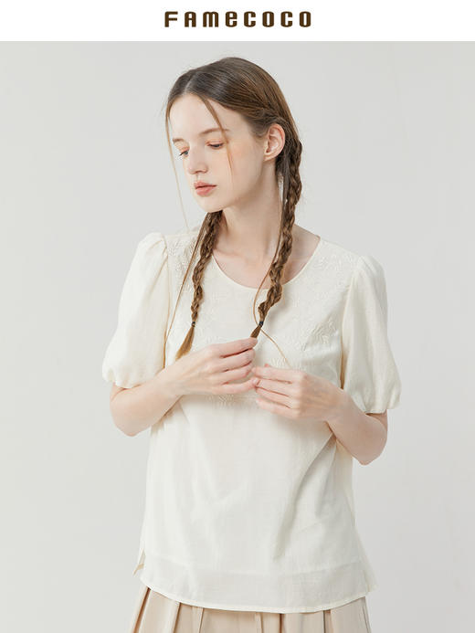 Famecoco范可儿泡泡袖上衣女温柔甜美新款夏季白色套头衬衣FAB3BD013 商品图4