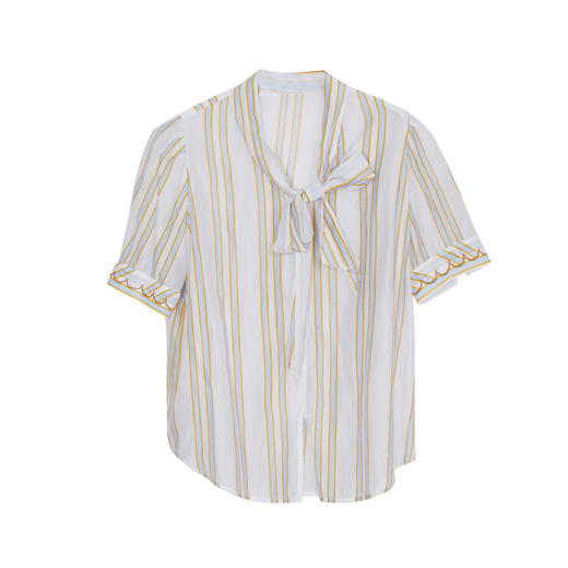 谜底2023夏新款通勤OL风条纹衬衫修身系带V领衬衣短袖女232MC0571 商品图4