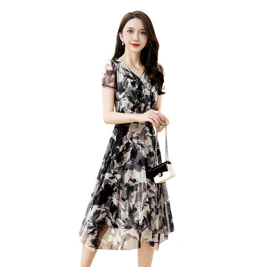 简约时尚，夏上新拼接抽褶v领洋气高腰显瘦A字裙印花连衣裙HR-WW23289 商品图4