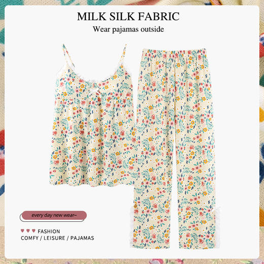 「两件套！三款可选」带胸垫甜美碎花性感吊带长裤睡衣 女夏季内搭背心家居服V领两件套上衣裤子 商品图1