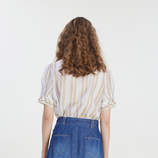 谜底2023夏新款通勤OL风条纹衬衫修身系带V领衬衣短袖女232MC0571 商品图2