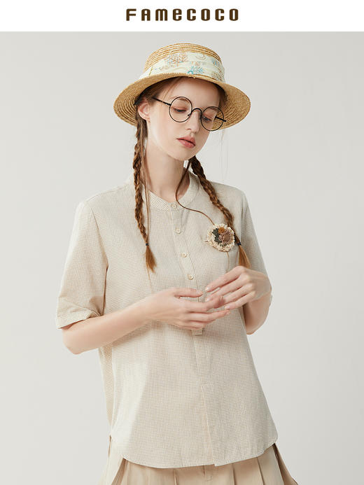 famecoco范可儿纯棉格子衬衫女夏款文艺绣花半袖套头衫FAB3BD015 商品图1