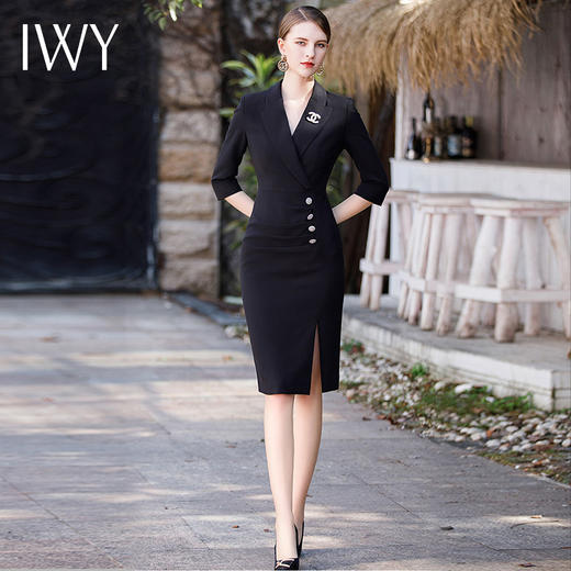 IWY/西装连衣裙女开叉设计2023夏季新款黑色高级感修身气质名媛工装裙Q640 商品图4