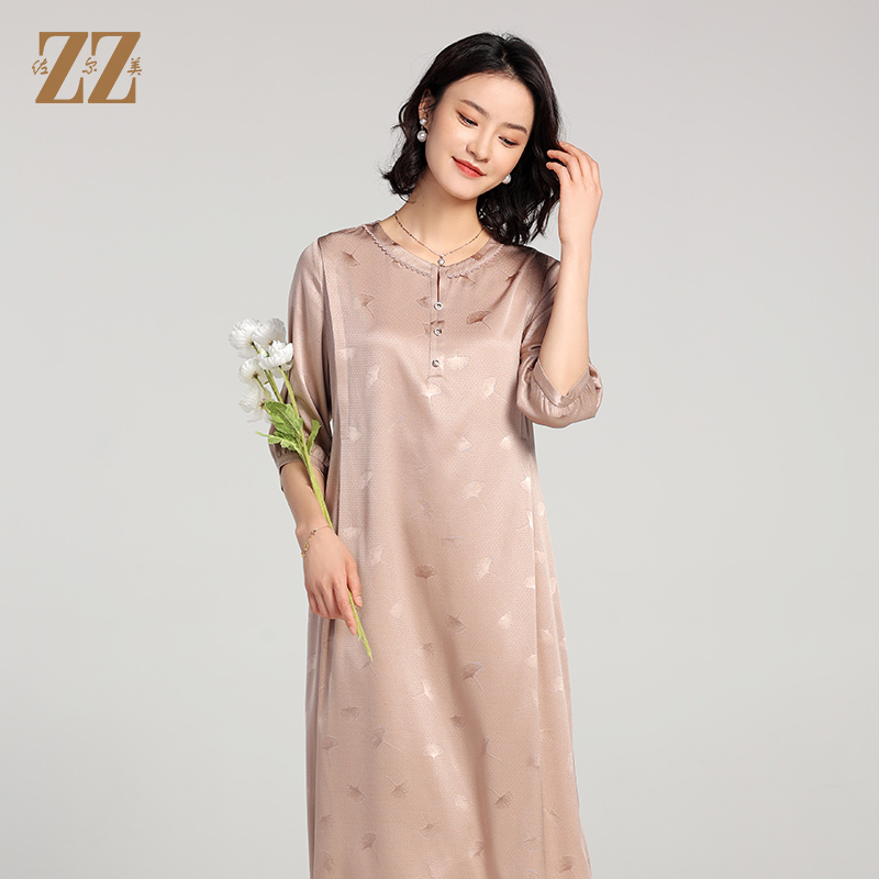 佐尔美夏季新款 桑蚕丝真丝提花缎中袖连衣裙女E22LS54