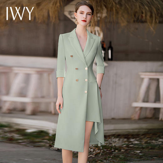 IWY/夏季新款绿色连衣裙女高端设计感西装领修身显瘦显白轻薄透气Q862-G 商品图0