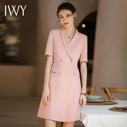 IWY/短袖粉色高级感连衣裙女职业主持人面试正装气质收腰西装裙Q920 商品图2