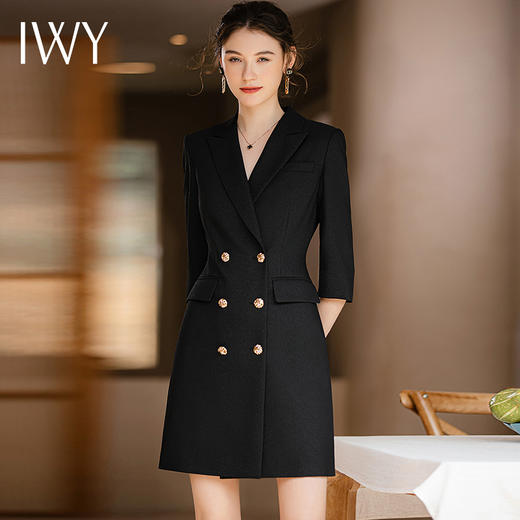 IWY/黑色连衣裙女西装领收腰显瘦高端大气2023夏季薄款职场经理工装Q902 商品图0