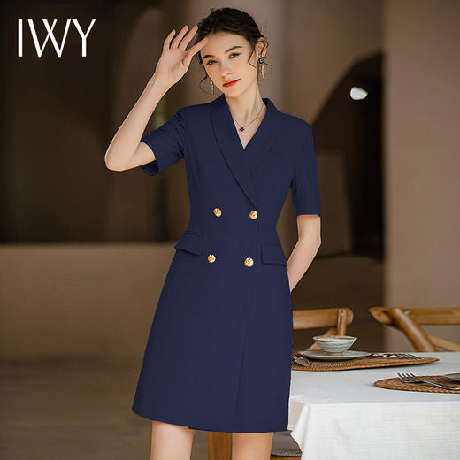 IWY/藏蓝色时尚连衣裙职业西装裙双排扣商务风通勤收腰设计显瘦Q920-ZL 商品图2