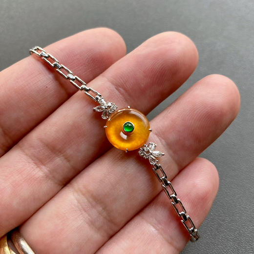 玻璃种芬达色黄翡平安扣手链18k白金钻石镶嵌 商品图6