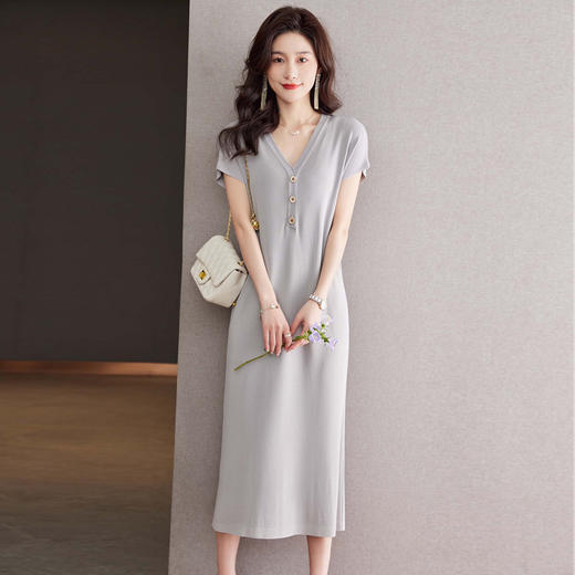夏季新款，短袖针织连衣裙女宽松V领气质减龄遮肚休闲长裙子CC-16-6701 商品图3
