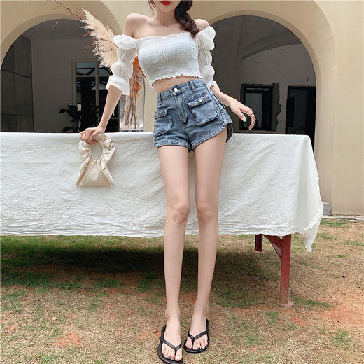 夏日穿搭【辣妹热裤 谁穿谁好看！！！】韩国复古工装牛仔短裤，纯欲风小蛮腰收腹翘臀百搭短裤宽松，高腰显瘦口袋热裤灰色宽松阔腿A字短裤薄 商品图3
