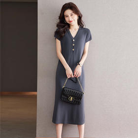 夏季新款，短袖针织连衣裙女宽松V领气质减龄遮肚休闲长裙子CC-16-6701