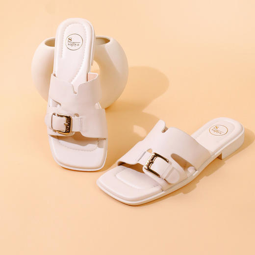 Safiya/索菲娅2023夏季新品简约通勤低跟皮带扣真皮露趾凉拖鞋 SF32110170 商品图12