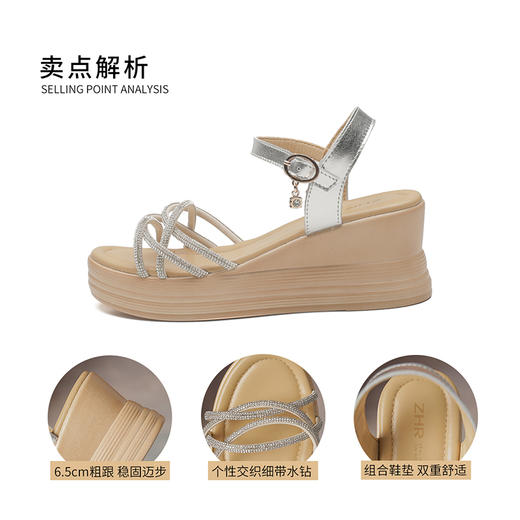 ZHR细带水钻坡跟凉鞋女2023新款韩版百搭厚底仙女一字带凉鞋 商品图10