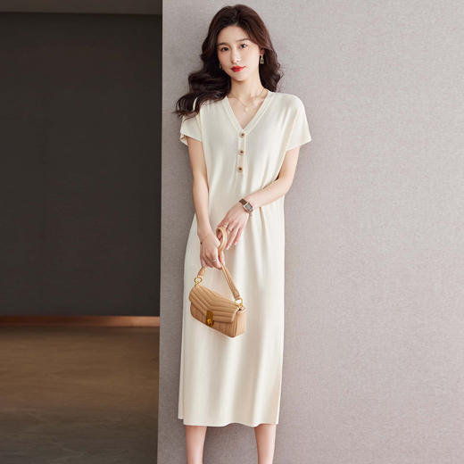 夏季新款，短袖针织连衣裙女宽松V领气质减龄遮肚休闲长裙子CC-16-6701 商品图1