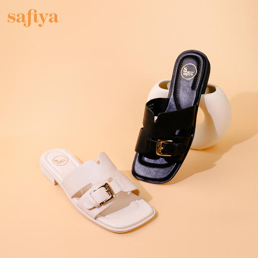 Safiya/索菲娅2023夏季新品简约通勤低跟皮带扣真皮露趾凉拖鞋 SF32110170 商品图9