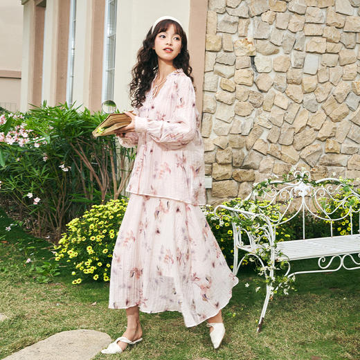 两三事月移花影夏季新款复古印花绑带长袖衬衫女宽松衬衣 商品图1