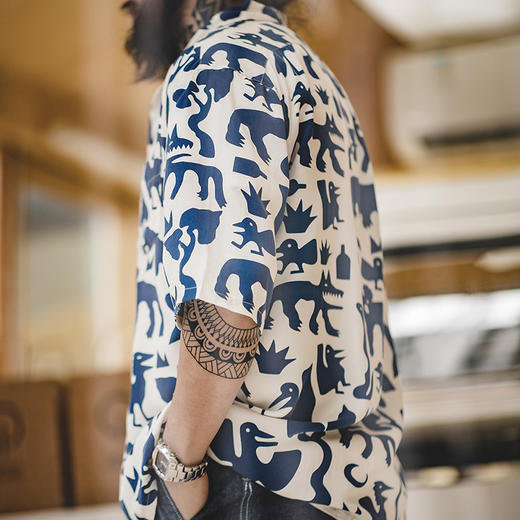 马登工装 美式复古印第安图腾花衬衫古巴领涂鸦短袖沙滩衬衣男夏 商品图5