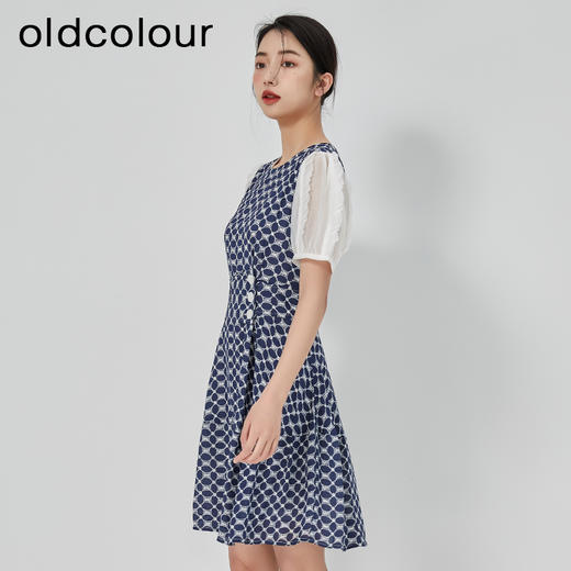 oldcolour2023夏新款法式通勤蓝色格子收腰显瘦连衣裙GN21101752 商品图3