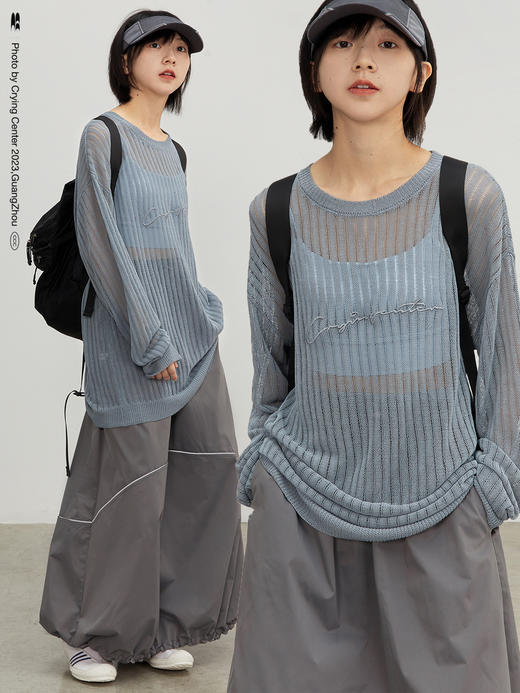 CryingCenter雾霾蓝灰网眼镂空针织手写体 刺绣宽松上衣哭喊中心 商品图2