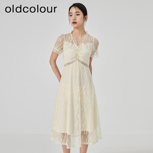 oldcolour2023夏季新款气质V领蕾丝拼接中长款连衣裙女GN21101732 商品图3