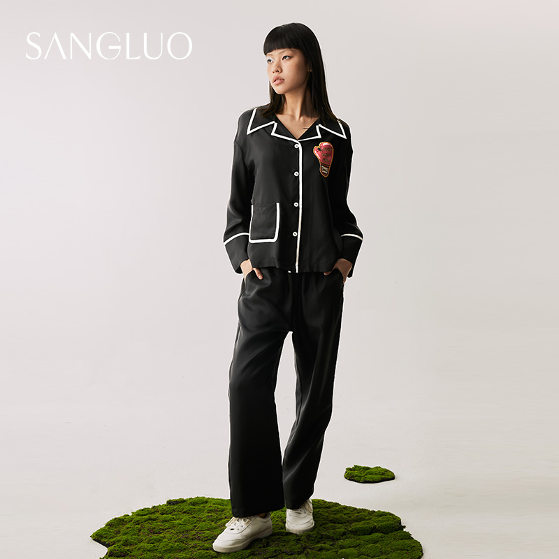SANGLUO拳击印花睡衣套装美肤舒眠透气桑蚕丝休闲长袖家居服