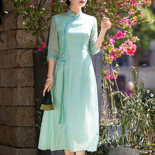 复古民族风，新中式改良旗袍修身假两件奥黛立领国潮刺绣连衣裙OG-6041 商品图0