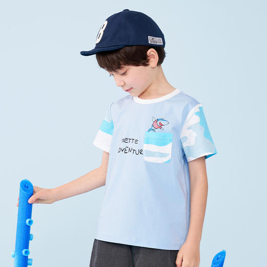 mettekids男童短袖t恤夏季休闲宽松蓝色童装男孩圆领洋气薄上衣 商品图2