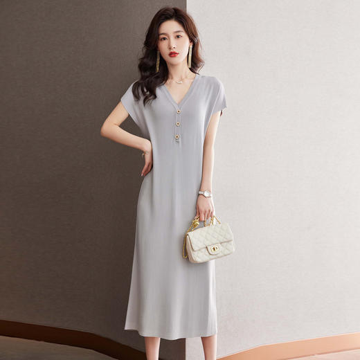 夏季新款，短袖针织连衣裙女宽松V领气质减龄遮肚休闲长裙子CC-16-6701 商品图6