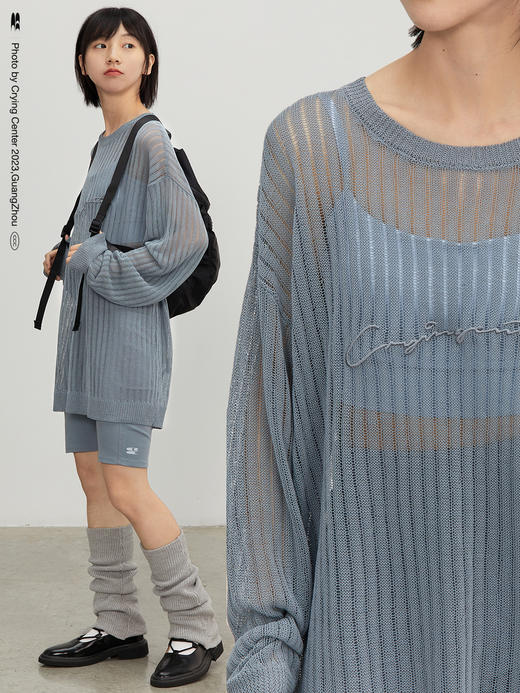 CryingCenter雾霾蓝灰网眼镂空针织手写体 刺绣宽松上衣哭喊中心 商品图1