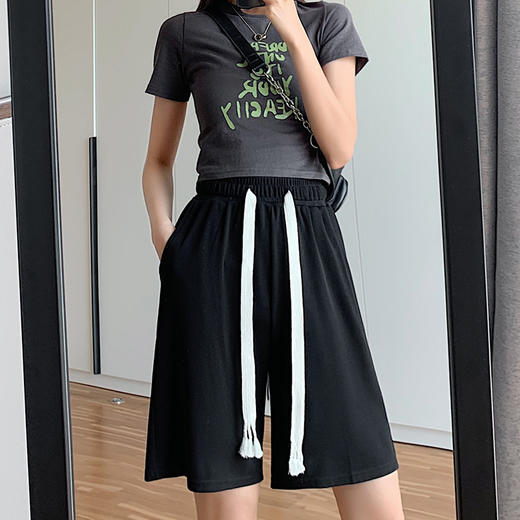 抽绳冰丝运动短裤女夏季薄款高腰显瘦休闲裤子宽松显瘦阔腿五分裤 商品图0