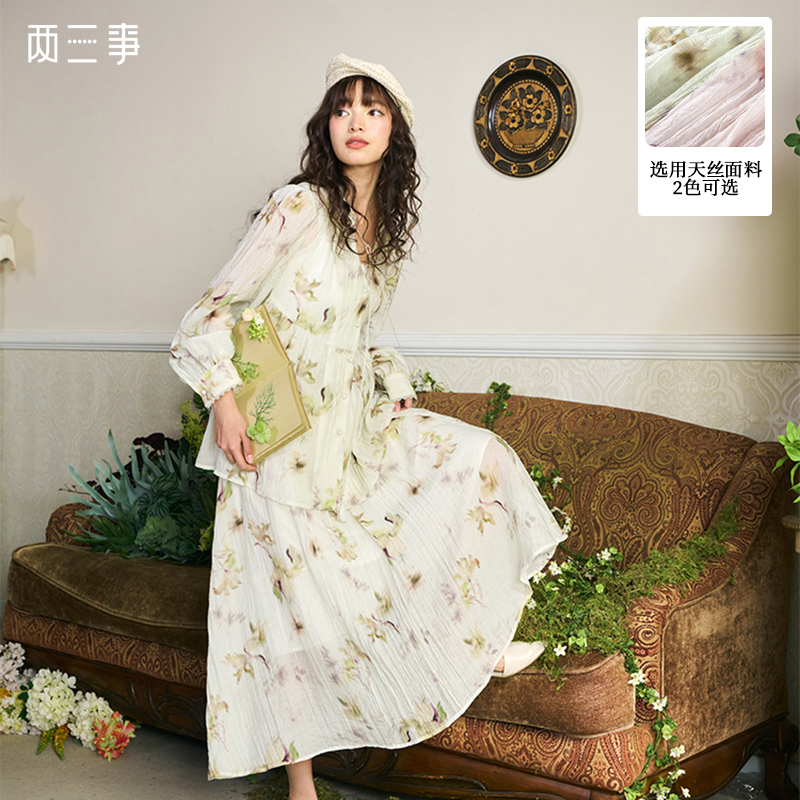 两三事月移花影夏季新款复古印花绑带长袖衬衫女宽松衬衣