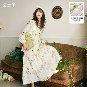 两三事月移花影夏季新款复古印花绑带长袖衬衫女宽松衬衣