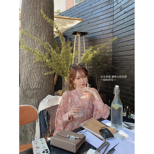 金蘑菇菇 长岛桂茶/ 清纯小白花系简洁利落V领碎花长袖连衣裙 商品图0