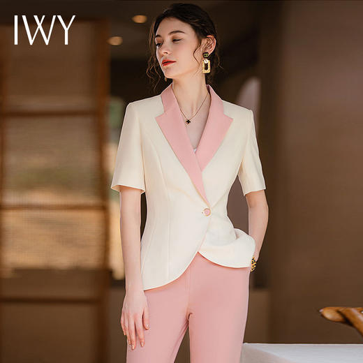 IWY/粉色名媛短袖西服女套装时尚干练气质西装两件套显瘦职业装CP1791 商品图4