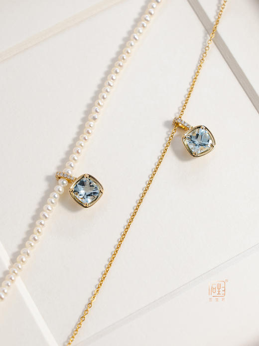 18K金海蓝宝万能扣+正圆无瑕baby珠项链 商品图1