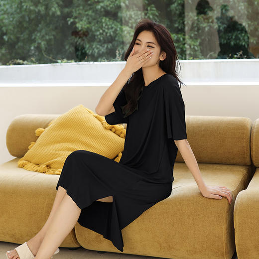 冰丝罗纹V领连衣裙开叉套头日韩连衣裙宽松大码女装短袖夏季 商品图5