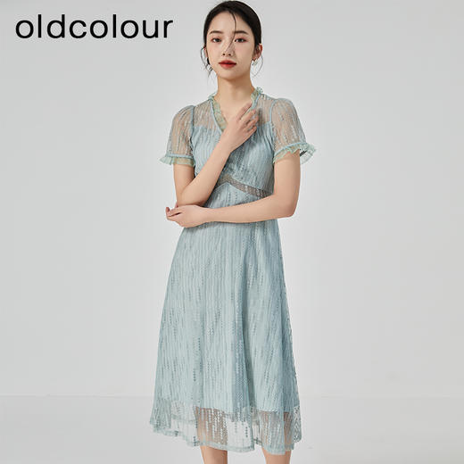 oldcolour2023夏季新款气质V领蕾丝拼接中长款连衣裙女GN21101732 商品图4