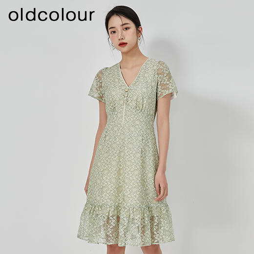 oldcolour2023夏季新款绿色清新淡雅V领A字碎花连衣裙GN21101731 商品图2