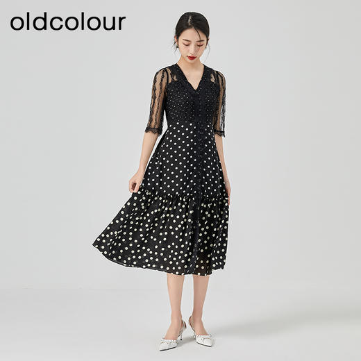 oldcolour2023夏季新款黑色V领蕾丝拼接波点连衣裙女GN21102760 商品图2