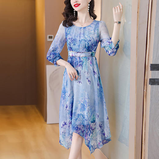 时尚气质优雅减龄中长裙法式碎花仿真丝连衣裙AHM-ss3005 商品图1