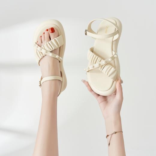 ZHR法式珍珠凉鞋女2023夏季新款仙女气质交叉一字带凉鞋软底轻便 商品图3