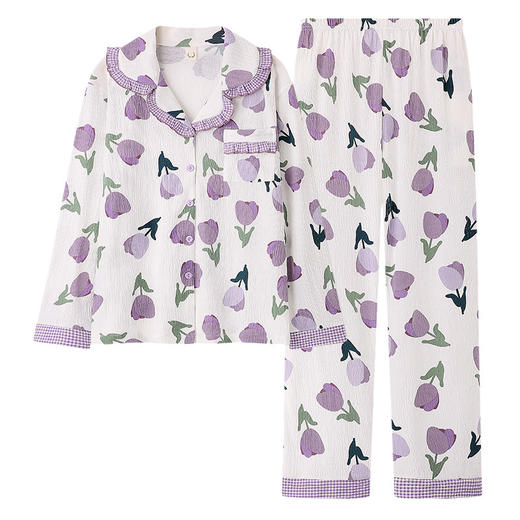 「两件套！6款配色」吸汗双层纱布针织棉睡衣 2023年新款单家居服甜美长袖套装上衣裤子 商品图4