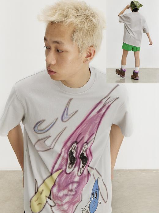 CryingCenter手绘大眼泪卡通街头TEE宽松纯棉浅灰嘻哈风情侣短袖 商品图3